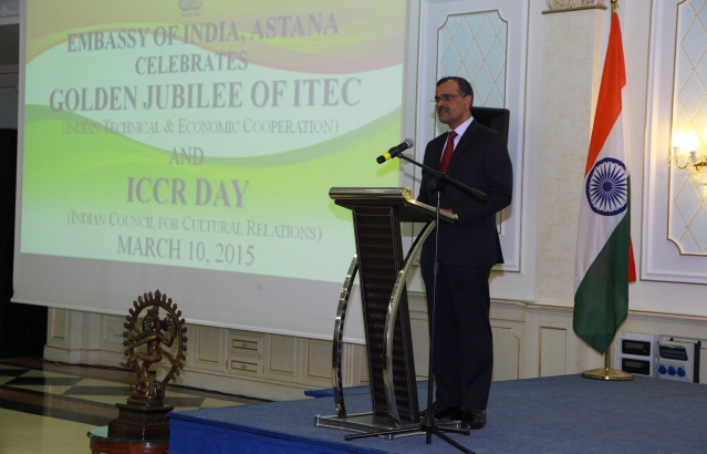 Ambassador Shri Harsh K. Jain addressing the gathering on the occasion of celebration of Golden Jubilee of ITEC Programme and ICCR Day (Nur-Sultan, March 10, 2015)